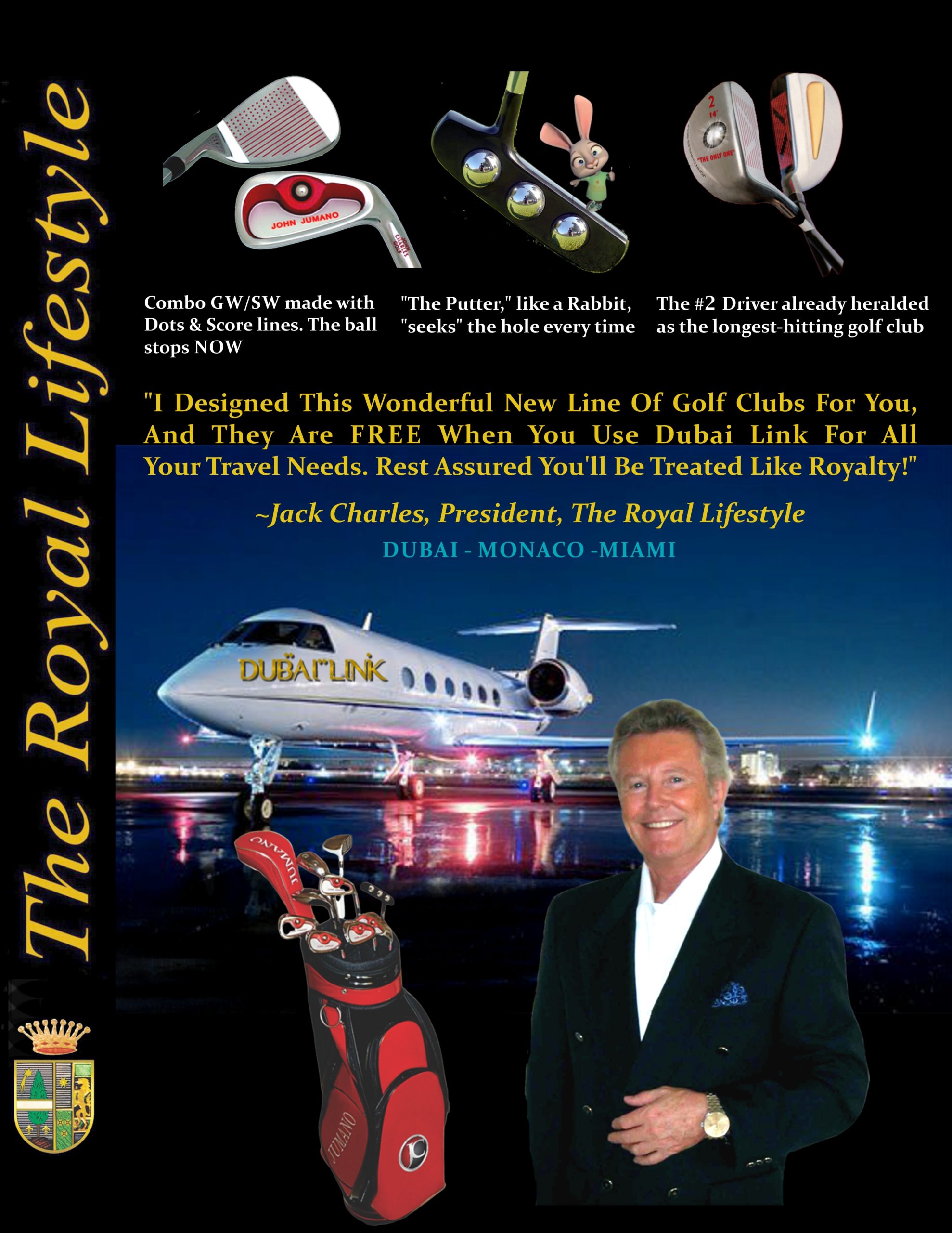 man in front of private jet introducing 3 different golf clubs